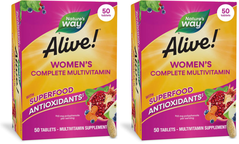 Nature's Way Alive! Women's Energy Multivitamin Tablets, Supports Cellular Energy*, Fruit and Veggie Powder Blend (100mg per Serving), 50 Tablets, (Pack of 2) 50 Count (Pack of 2)