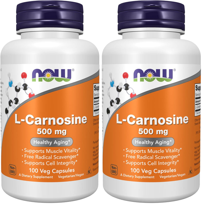 NOW Foods Supplements, L-Carnosine (Beta-Alanyl-L-Histidine) 500 mg, Healthy Aging, 100 Veg Capsules,(Pack of 2) 100 Count (Pack of 2)