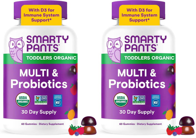 SmartyPants Organic Toddler Multivitamin Gummies: Probiotics,Omega 3 (ALA),Vitamin D3,C,Vitamin B12,B6,A,K&Zinc,Beta Carotene,Gluten Free,Three Fruit Flavors, (30 Day Supply),60 Count (Pack of 2) 60 Count (Pack of 2) Organic + Probiotics