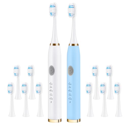 Dnil 2 Pack Electric Toothbrush for Adults and Kids, Travel Toothbrush Includes 10 Replacement Toothbrush Heads, 5 Modes with 2 MIN Smart Timer (Blue White)
