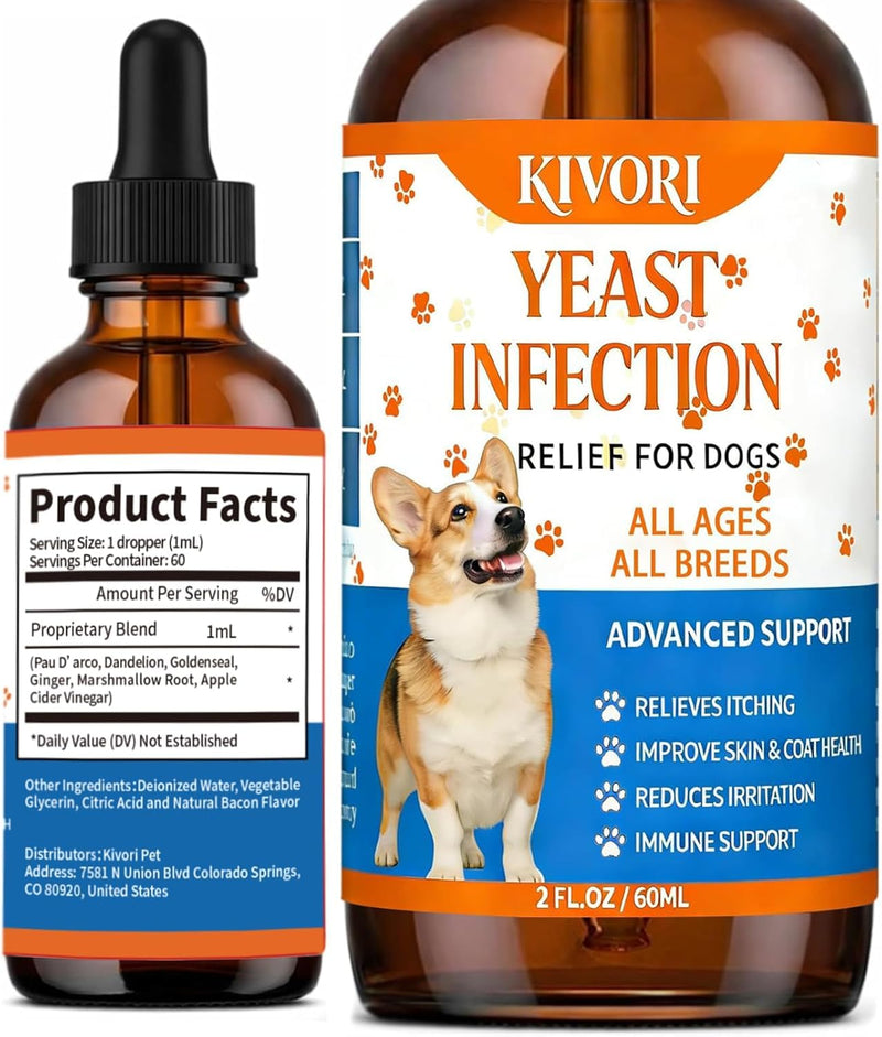 Kivori Yeast Infection Drops for Dogs, 2fl.Oz/60ml Yeast Infection Treatment for Dogs, Anti Yeast Drops, Ear and Paw Itch, Herbal Dog Supplement Drop for All Ages All Breeds. (1PCS) 1PCS