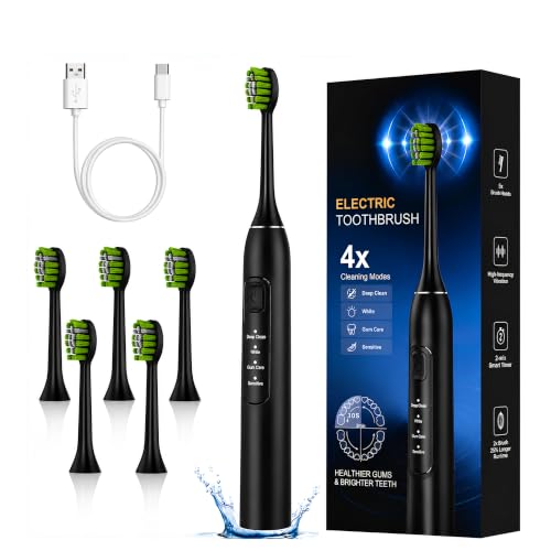 Sonic Electric Toothbrush for Adults & Kids, Rechargeable with 4 Modes, IPX7 Waterproof, 42000 VPM, Smart Timer, 5 Brush Heads Included – Ultra Powerful Deep Cleaning Oral Care (Black) Black