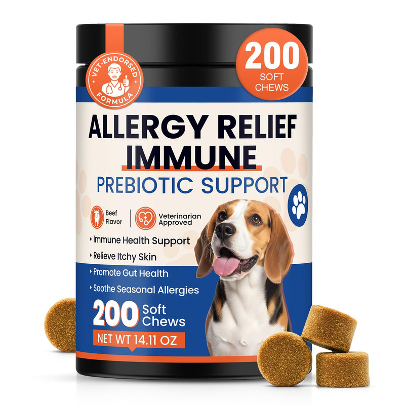Dog Allergy Chews 200 Ct - Itch Relief for Dogs Immune Support with Colostrum Probiotics & Omega 3 - Seasonal Allergies Anti-Itch Skin & Coat Supplement, Itchy Skin & Paw Relief Bites - Beef Flavor