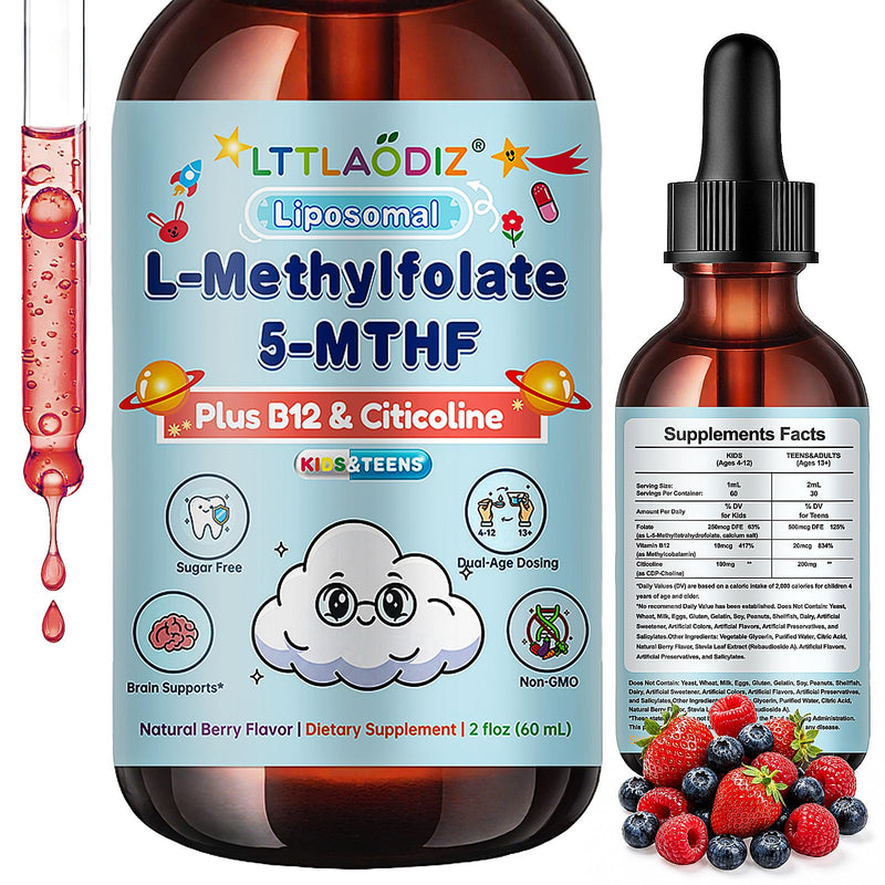 Folinic Acid Drops Kids 4+, L-Methylfolate Supplement, 5-MTHF, Brain, Focus | Liposomal Kids L-Methylfolate W/Citicoline & Methyl B12, Energy, Clarity & Cognitive Development, Sugar-Free – 2 fl oz