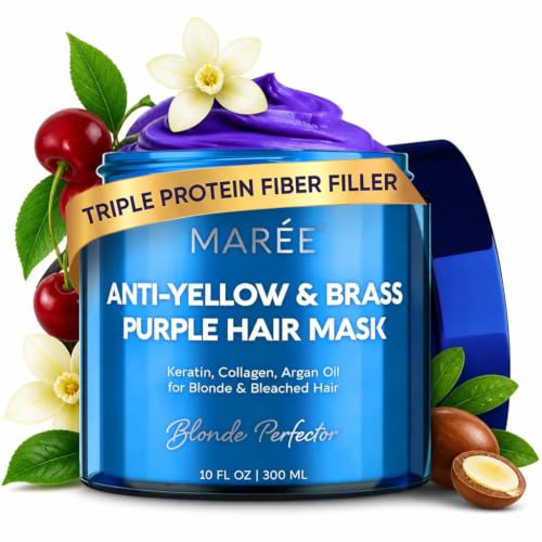 MAREE Anti Yellow Purple Hair Mask for Damaged Hair - Purple Deep Conditioner & Blonde Toner - Hydrating Deep Conditioning for Dry, Curly, Blonde, Orange, Brassy, Bleached - Mascarilla para el Cabello 10 Fl Oz (Pack of 1)