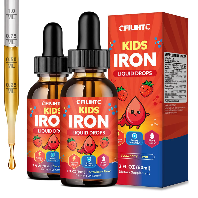 Iron Supplements for Kids Ages 4+, Liquid Iron Drops with Ferrous Bisglycinate, Vitamin C, Active Folate, B12, Zinc & Glycine, Kids Multivitamin with Iron, No Added Sugar, Strawberry Flavor, 4 Fl Oz 2 Fl Oz (Pack of 2)