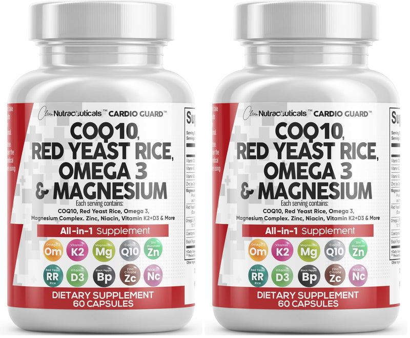 Clean Nutraceuticals COQ10 200mg Red Yeast Rice Flax Seed Magnesium Blend Niacin Zinc Vitamin K2 D3 - Heart Support Vitamins for Women & Men w/Vitamin B3, Coenzyme Q10-60 Ct (Pack of 2) 60 Count (Pack of 2)