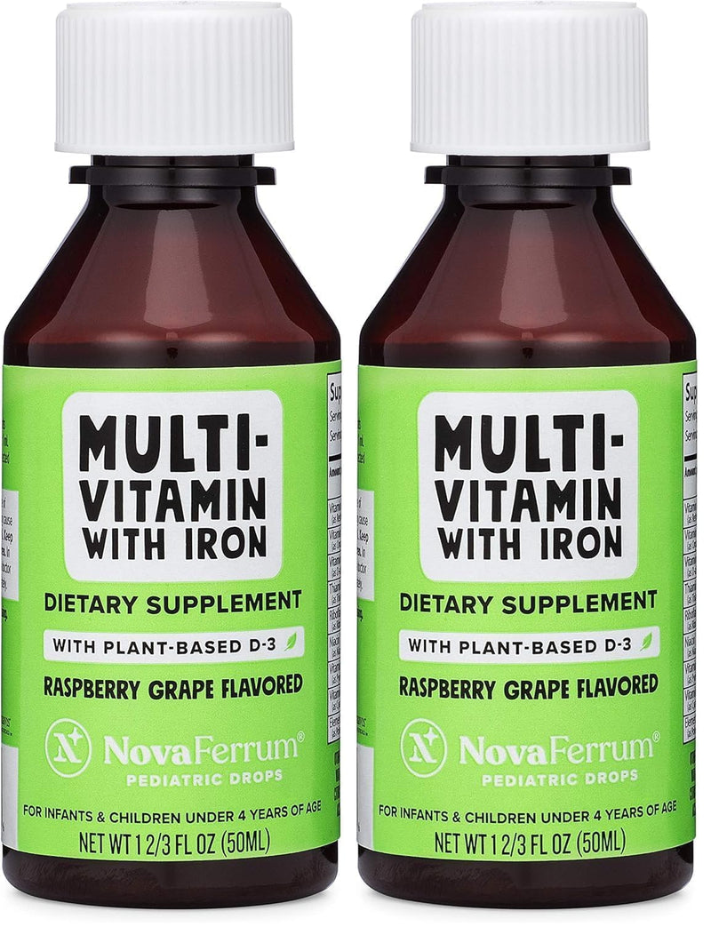 NovaFerrum Delish | Vegan Multivitamin with Iron for Infants, Toddlers & Kids | Immune Support | Organic Plant-Based D-3 | Gluten Free | Vegan Verified | Sugar Free | 1.69 Fl Oz (50 mL) (Pack of 2) Raspberry Grape 1.67 Fl Oz (Pack of 2)