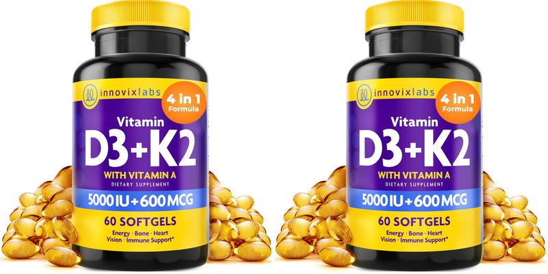 InnovixLabs D3 K2 Vitamin 5000 IU Supplement with Vitamin A (60 Softgels) (Pack of 2) 60 Count (Pack of 2)