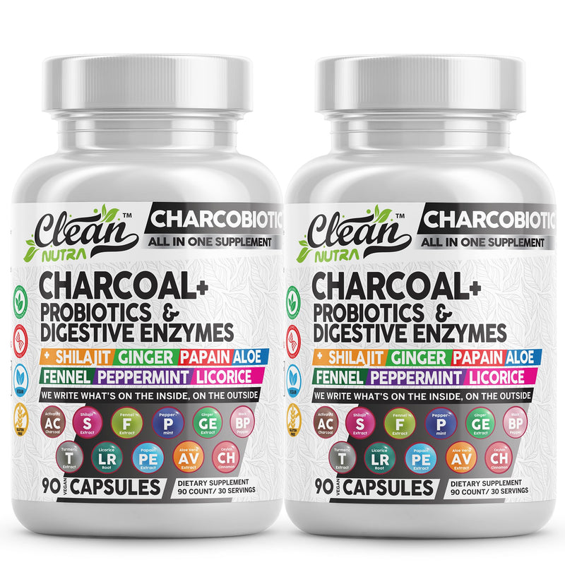 Clean Nutra Activated Charcoal Pills + Shilajit Probiotic Digestive Enzymes for Digestive Health Capsules with Peppermint Fennel Licorice Papain Ginger Turmeric Powder | Gut Health (Pack of 2) 60 Count (Pack of 2)