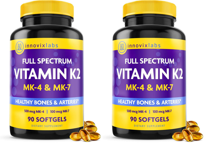 InnovixLabs Full Spectrum Vitamin K2-90 Softgels with 600 mcg of Trans Form MK7 and MK4 - Supports General Health and Bone Strength - Soy and Gluten Free K2 Vitamin Supplement (Pack of 2) 90 Count (Pack of 2)