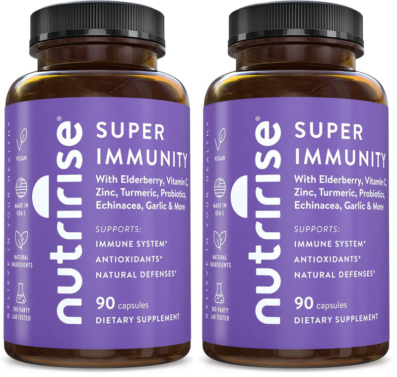NutriRise Immunity Complex Immune Support Supplement with Vitamin C, E, B6, Zinc, Turmeric Curcumin, Elderberry, Echinacea, 7.2 Billion CFU Probiotics for Gut Health, 90 Count (Pack of 2) 1 Count (Pack of 180)