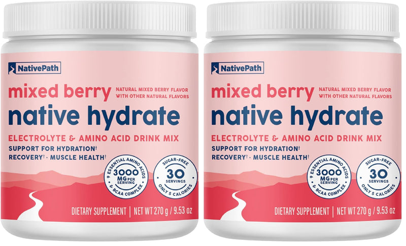 NativePath Native Hydrate, Zero Sugar, Electrolytes Powder with BCAAs, Mixed Berry Hydration, Keto & Paleo Friendly, 30 Servings (Pack of 2) 9.53 Ounce (Pack of 2)