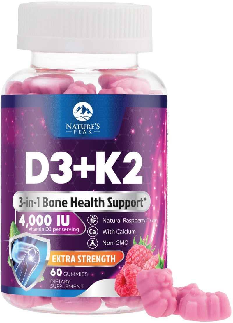 D3 K2 Gummies - 3X Strength Vitamin D3K2 Vitamins For Immune Support with Calcium - 2-in-1 Vitamins D & Vitamin K2 Mk-7 Supplement Complex, Easy to Swallow, Gluten Free, Non-Gmo - 60 Gummies