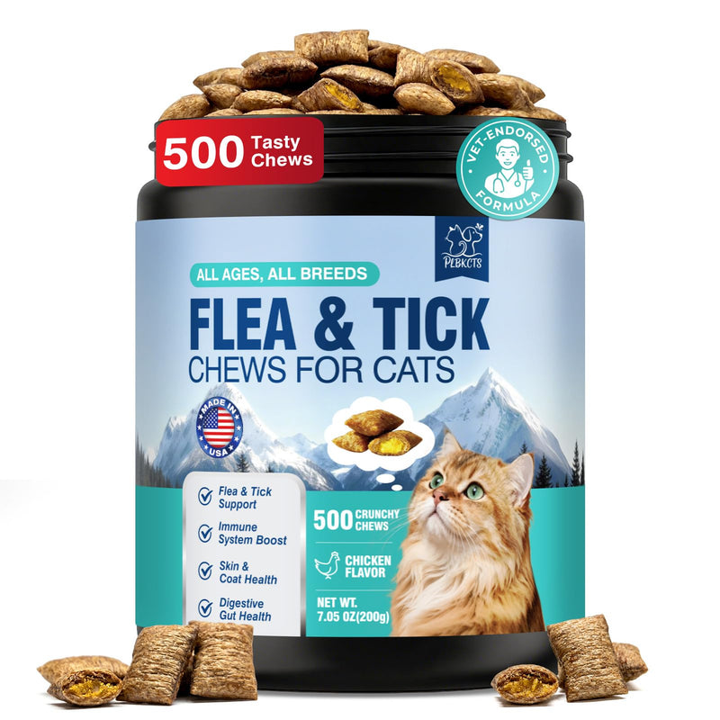 Flea Treatment for Cats 500 Treats Natural Flea and Tick Prevention Supplement for All Cats - Skin & Coat Care, Immune System Boot, Digestive Gut Health, Daily Oral Flea Supplement Chicken Flavor