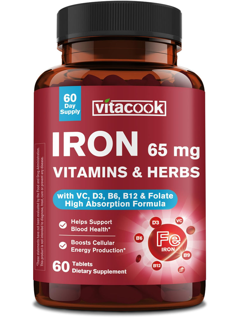 Iron Supplement 65mg, Blood Building & Energy Support, 60 Tablets | with Vitamin C, D3, B6, B12 & Folate, Spinach, Broccoli, Beet Root, Pumpkin Seeds, Dandelion & Carrots 60 Count (Pack of 1)