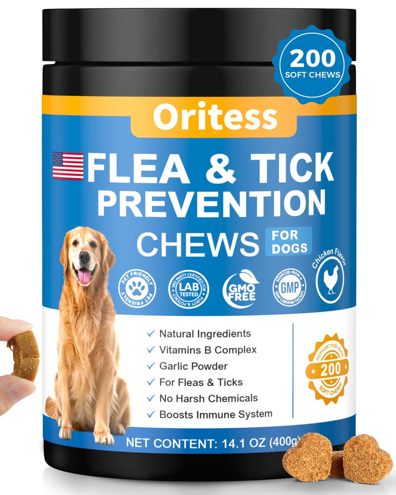 Flea and Tick Prevention for Dogs, 200 Soft Chews Natural Dog Flea and Tick Chewables Oral Flea Supplement for Dogs, Puppy Flea Support - All Breeds & Ages - Chicken Flavor