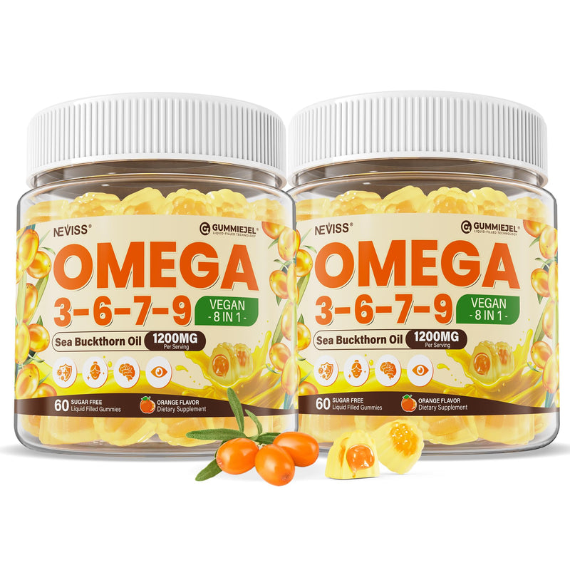 Omega 3-6-7-9 Gummies, Sea Buckthorn Oil 1200MG, Flaxseed Oil 500MG, 120Cts | Organic Omega 7 Supplement w/Vitamin A, C, E, Fatty Acids, No Fish Taste, Supports Skin, Eye, Immune, Brain Health, Vegan 60 Count (Pack of 2)