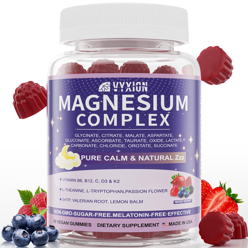 Magnesium Complex Gummies, Calm Relaxation & Deep Sleep Support, 12-in-1 Magnesium Glycinate with L-Theanine, Vitamin D3, K2, Zinc – for Women & Men, No Added Sugar