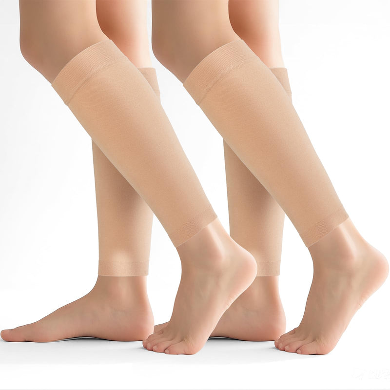 2 Pairs Calf Compression Sleeves Men&Women 20-30mmHg Medical Shin Splint for Leg Surpport Relief Pain Varicose Veins Small Beige Calf - BeesActive Australia