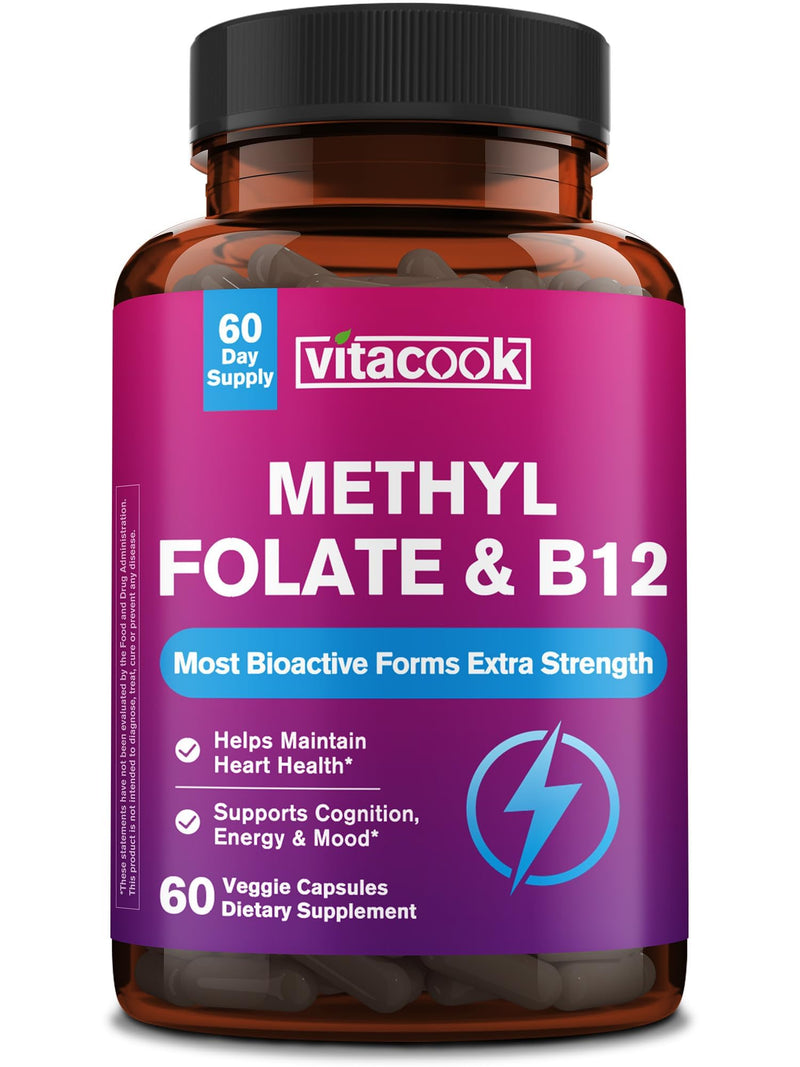 L-Methylfolate Supplement 1000 mcg with Methyl B12 Cofactor, 60ct | High Potency Bioactive Folate & Vitamin B12 1000 mcg , Heart Health, Nerves, Cognition, Energy Metabolism, Mood,