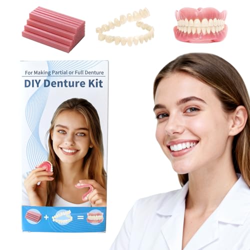 Kaimloyou DIY Denture Full Set of Top and Bottom Fake Teeth,Advanced Formula Fitting and Moldable to Make Customized Partial of Full Denture For Fixing Missing Teeth