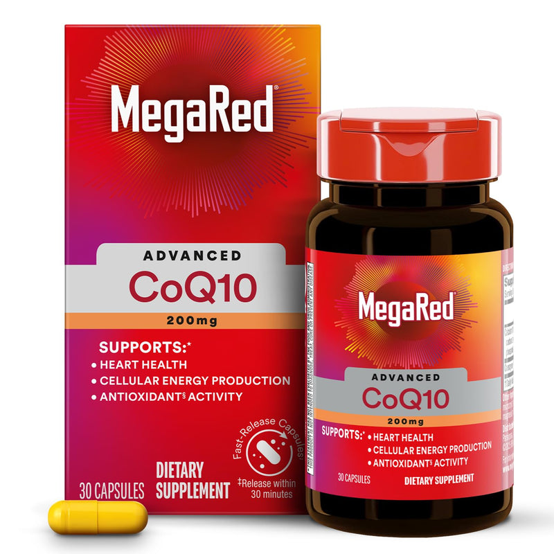 MegaRed Advanced CoQ10 200mg, Heart Health & Cellular Energy, 30ct | Power Antioxidant, Protects Against Free Radicals, No Added Color or Sugar, Fast releasing capsules, Coenzyme Q10, Calcium 30 Count (Pack of 1)