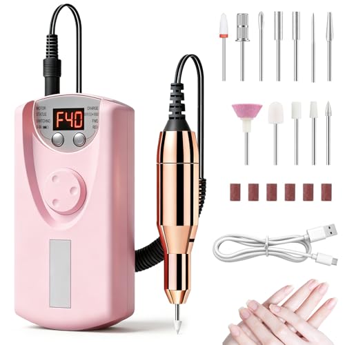 Professional Electric Nail Drill Kit 40000 RPM,Portable Nail Drill Electric File Cordless with 12 Drill Bits,Rechargeable Nail Drills Machine for Acrylic Gel Polishing Manicure at Home DIY Salon