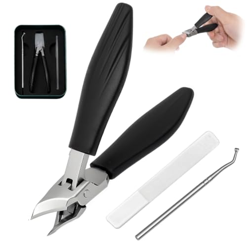 Nail Clippers Set for Seniors Thick Toenails, Ingrown 30° Slanted Eagle-Beak Clipper with Wide Jaw Opening, Anti-Splash Catcher, Long Handle Stainless Steel Kit for Men Women Adults Black