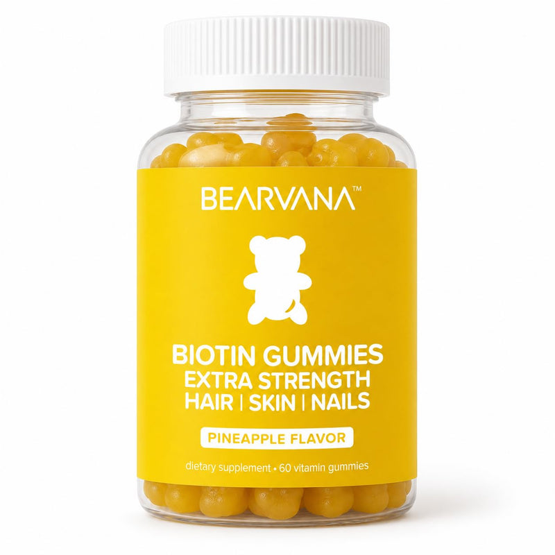 BEARVANA Biotin Gummies Extra Strength | Hair Skin & Nails Vitamins with Biotin, Vitamin C, E, B6 & B12 | Vegan Gummy Vitamins | Pineapple Flavor | 60 Gummies