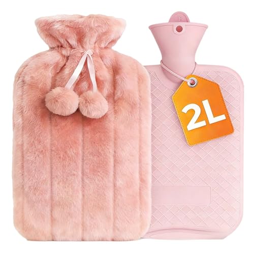 Hot Water Bottle with Cover 2L – PVC Heat Pack for Menstrual Cramps, Back Pain & Bed Warmer – Leakproof Hot & Cold Compress, Ultra-Soft Touch, Ideal for Hand/Feet Warmer (Pink) Pink
