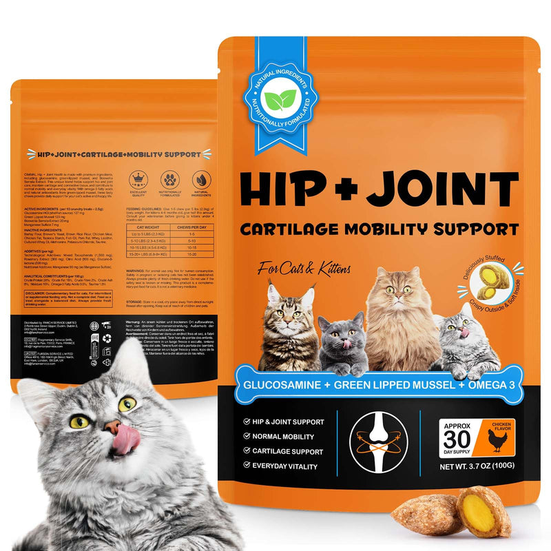 Cat Hip + Joint Supplement, Health Treats with Glucosamine & Chondroitin, Hip & Joint Care Chews for Cats & Kittens, Supports Mobility & Cartilage, Chicken Flavor, 100g (30 Day Supply)