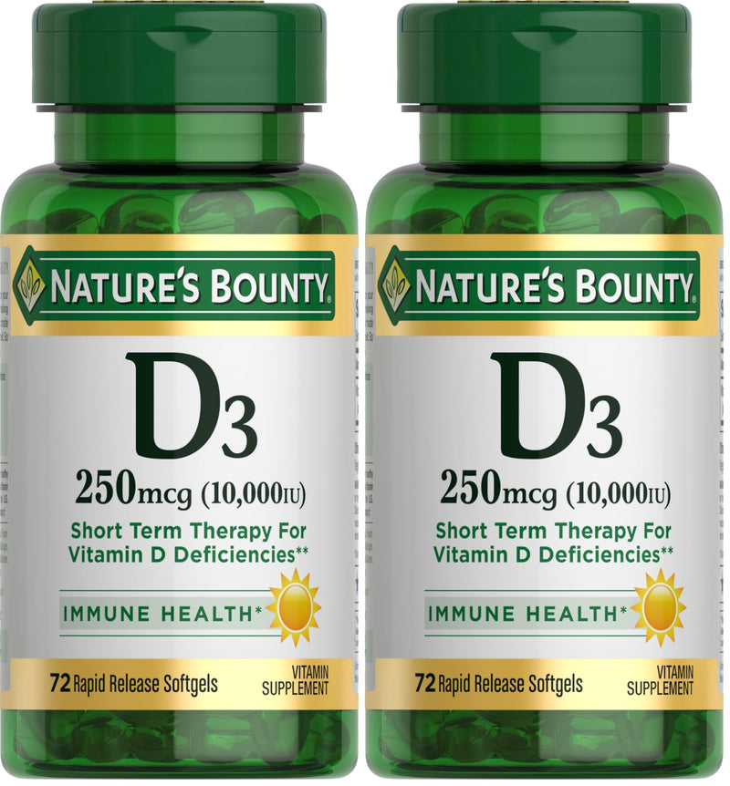 Nature's Bounty Vitamin D for Immune Support, Vitamin D Provides Immune Support and Promotes Healthy Bones, 10000IU, 72 Softgels (Pack of 2) 72 Count (Pack of 2)