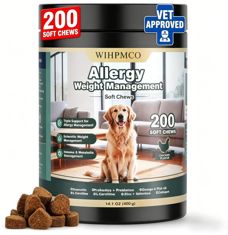 Dog Allergy Chews, Itchy Skin Relief for Dogs & Immune Support Anti Itch Probiotics for Yeast, Itchy Ears, Vitamins for Seasonal Allergies, Gut Health, Chicken 200 Chews