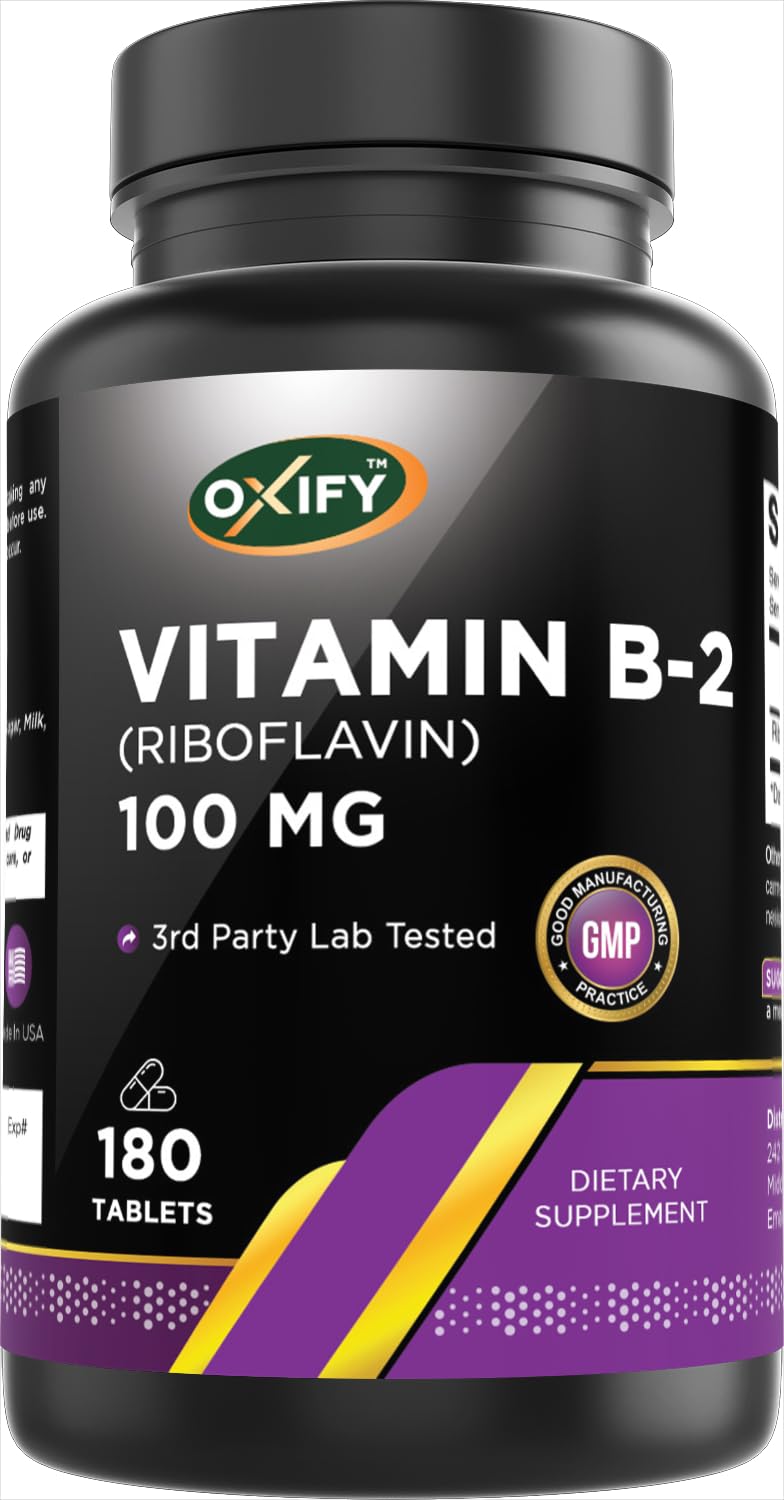 Oxify B2 (Riboflavin) 100 mg, 180 Tablets | Gluten-Free, Non-GMO, Made in USA
