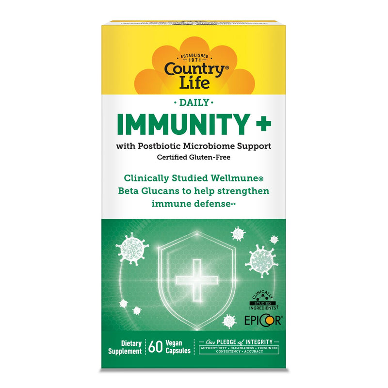 Country Life Immunity+ with Wellmune and EpiCor, 60 Vegan Capsules | Clinically studied Wellmune beta glucans with EpiCor postbiotic, vitamin C, vitamin D and zinc for immune and gut support