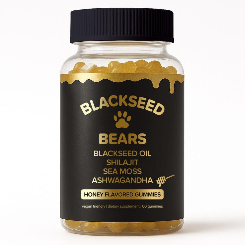 Blackseed Bears – Black Seed Oil, Shilajit, Sea Moss & Ashwagandha Gummies – Honey Flavored – 60 Count