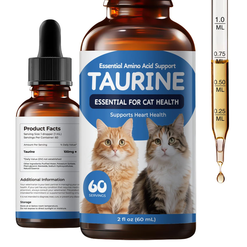 Taurine Liquid Supplement for Cats, Daily Amino Acid Support for Heart Health, Vision & Metabolic Balance, Liquid Drops for Long-Term Feline Nutrition, 60 mL 60 ml (Pack of 1)