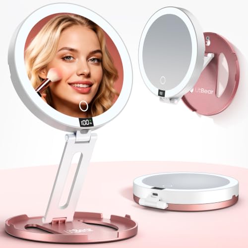 LitBear Travel Makeup Mirror with Lights, 10X/1X Foldable Magnifying Mirror Rose Gold