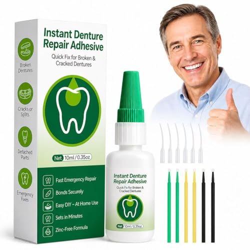 Dental Lab Instant Bonding, Professional Denture Repair Adhesive Kit, Fast Setting in 1 Min, Fix Broken Dentures &Retainer at Home, Strong Dental Adhesive Glue with Tools (10ML) Denture Use