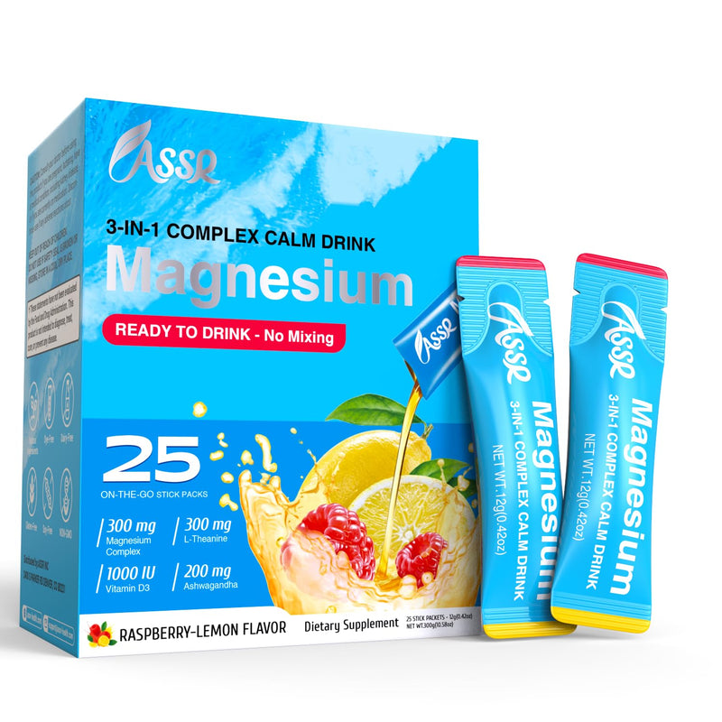 ASSR Supplement Ready to Drink No Mix, Triple Magnesium Glycinate, Malate, Citrate, Ashwagandha, L Theanine, Vitamin D, 25ct 25 Svgs Drink (Pack of 1)