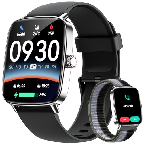 Smart Watch for Women Men, 1.85" HD AMOLED Fitness Tracker (Answer/Call) with 24/7 Heart Rate/Sleep/SpO2 Monitor for iPhone & Android, 120+ Sports Modes Smartwatch with IP68 Waterproof, 2 Bands Black