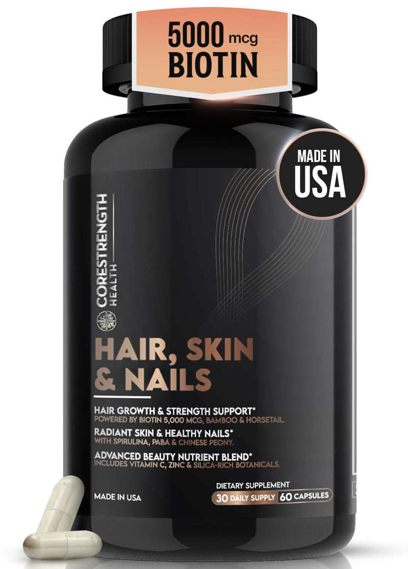 Hair Skin and Nails Vitamins for Women & Men, Biotin 5000mcg - 60 Ct | Full Vitamin Complex, Vitamin A, C, D3, E, Zinc with Bamboo & Horsetail, Non GMO, Made in USA, Third Party Tested