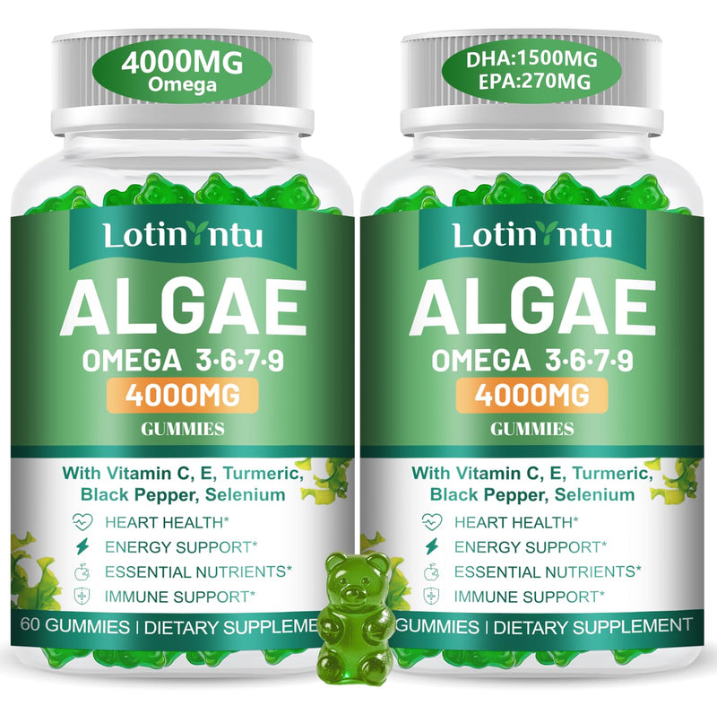 Algae Omega 3 Gummies 4000mg - Fish Oil Gummies Alternative from Algae Oil, DHA 1500MG & EPA 270MG, Vitamin C, E,Turmeric, Black Pepper & Selenium, Supports Heart, Brain & Immune Wellness, 2 Pack 60 Count (Pack of 2)