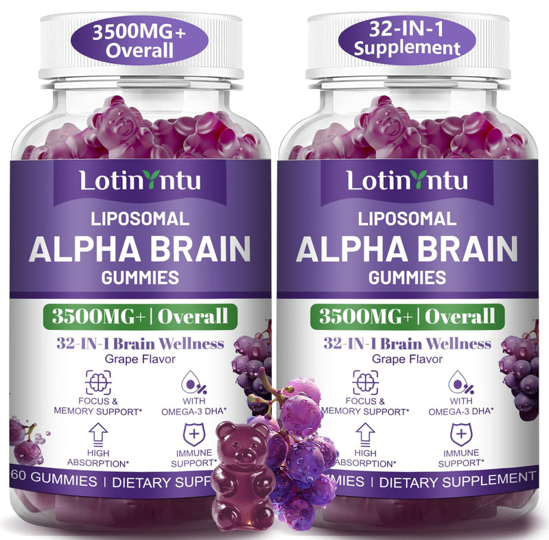 2 Pack 32 in 1 Liposomal 3500MG+ Alpha GPC Brain Focus Gummies,with Omega-3 DHA+EPA,Lutein Zeaxanthin and Caffeine etc for High Absorption for Focus & Memory Support, Immune Boost 60 Count (Pack of 2)