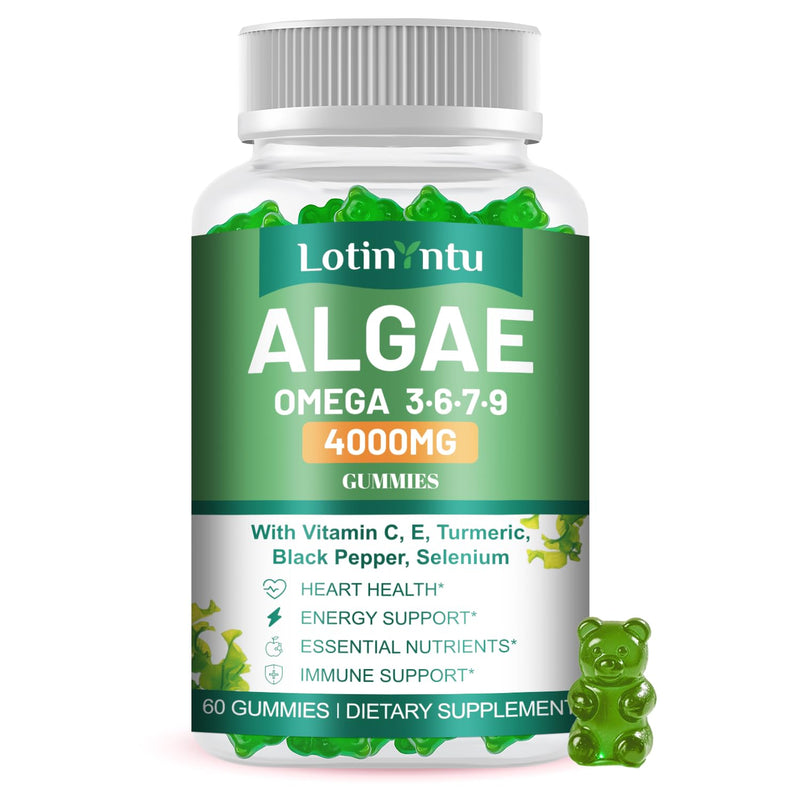 Algae Omega 3 Gummies 4000mg - Fish Oil Gummies Alternative from Algae Oil, DHA 1500MG & EPA 270MG, Vitamin C, E,Turmeric, Black Pepper & Selenium, Supports Heart, Brain & Immune Wellness, 60 Gummies 60 Count (Pack of 1)