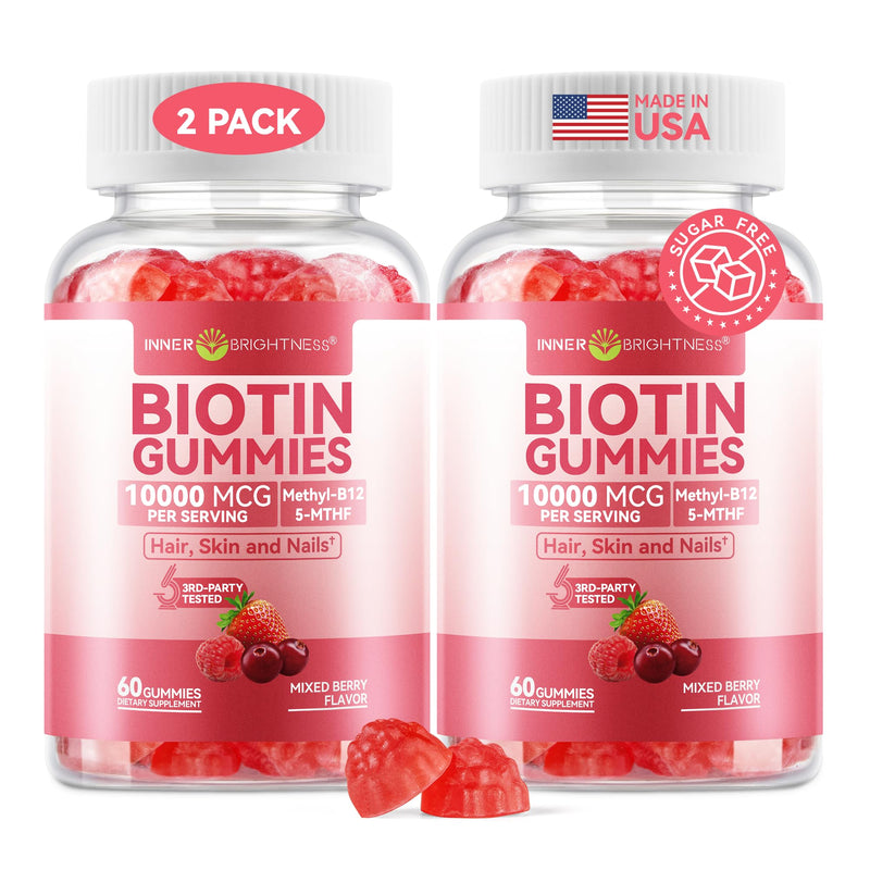Inner Brightness Biotin 10,000mcg Gummies for Women - Hair Skin Nails | Hair, Skin & Nails Support with Vit C, D3, B12 & Folate - Sugar Free Mixed Berry Flavor, 120 Count (2 Pack Value) 60 Count (Pack of 2)
