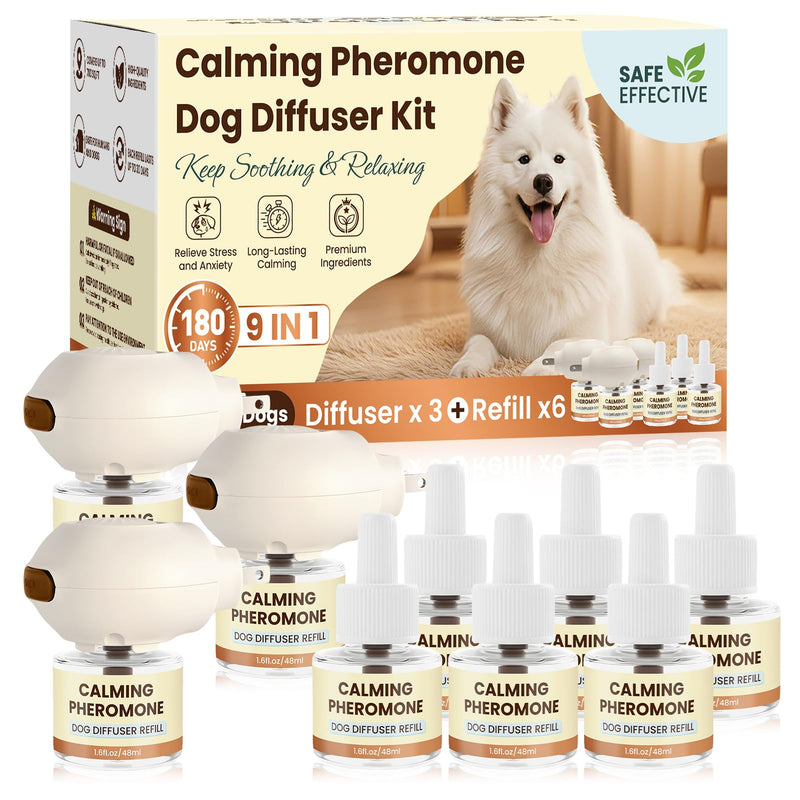 Dog Pheromones Calming Diffuser to Calm Dogs 9 IN 1 Kit (3 Diffusers+6 Refills) Pheromone Plug In for Stress Barking Pee Accidents Chewing Aggression Separation Anxiety Relief 180 Days(Odorless) Odorless