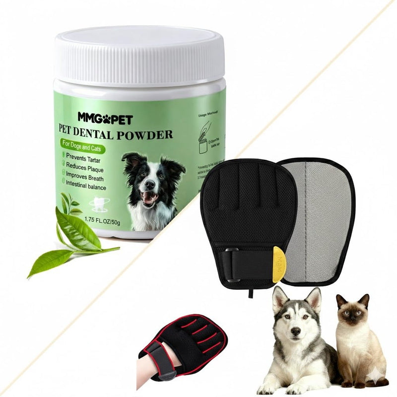 Pet Dental Cleaning Powder & Patented Hair Remover Glove Bundle: No-Brushing Oral Care for Fresh Breath, Plaque Support & Reusable Five-Finger Grooming Mitt for Furniture, Carpet, Couch