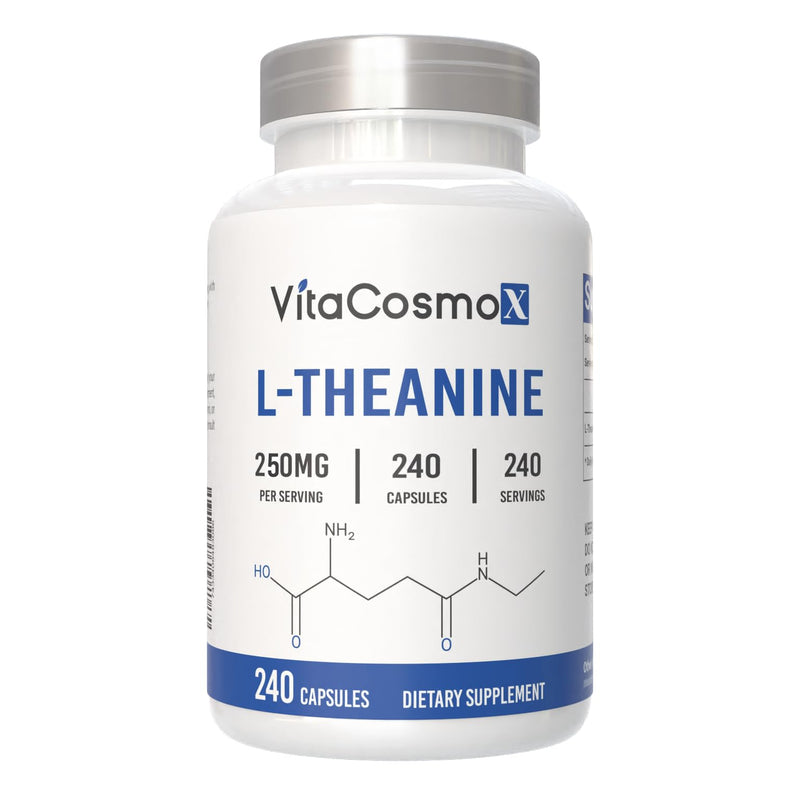 L-Theanine, 250 mg Vegan Capsules, 240 Count, 100% Vegetarian, Non-GMO & Gluten Free 240 Count (Pack of 1)